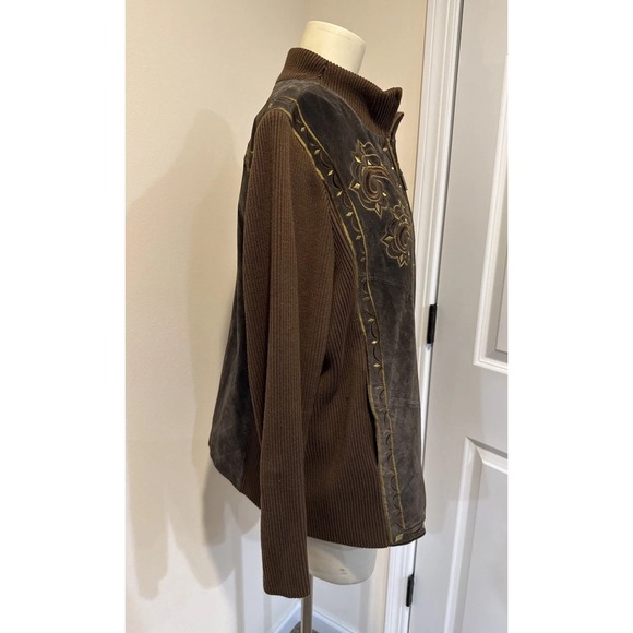 Bob Mackie Jacket Wearable Art Lrg Brown Leather/Knit Western Embroidered Zip - Picture 6 of 14